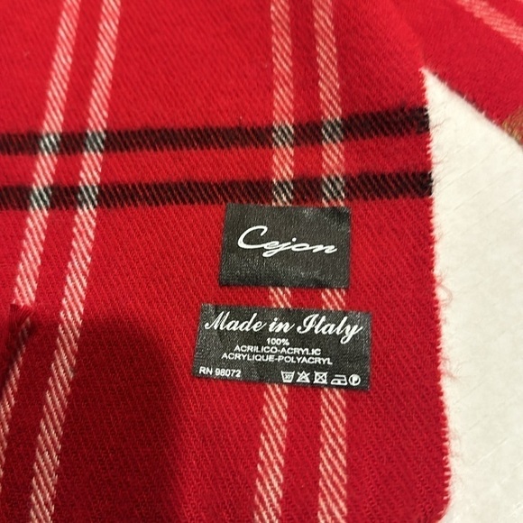 Cejon plaid red white black & tan striped scarf made in Italy with fringe - Picture 4 of 4